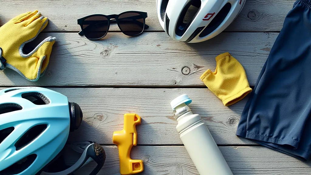 Laid-out cycling gear on a wooden table including water bottle, sunscreen, helmet, and cycling gloves arranged neatly