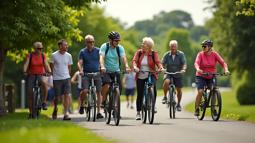 Cyclists gathered at a rest stop enjoying local refreshments on the greenway