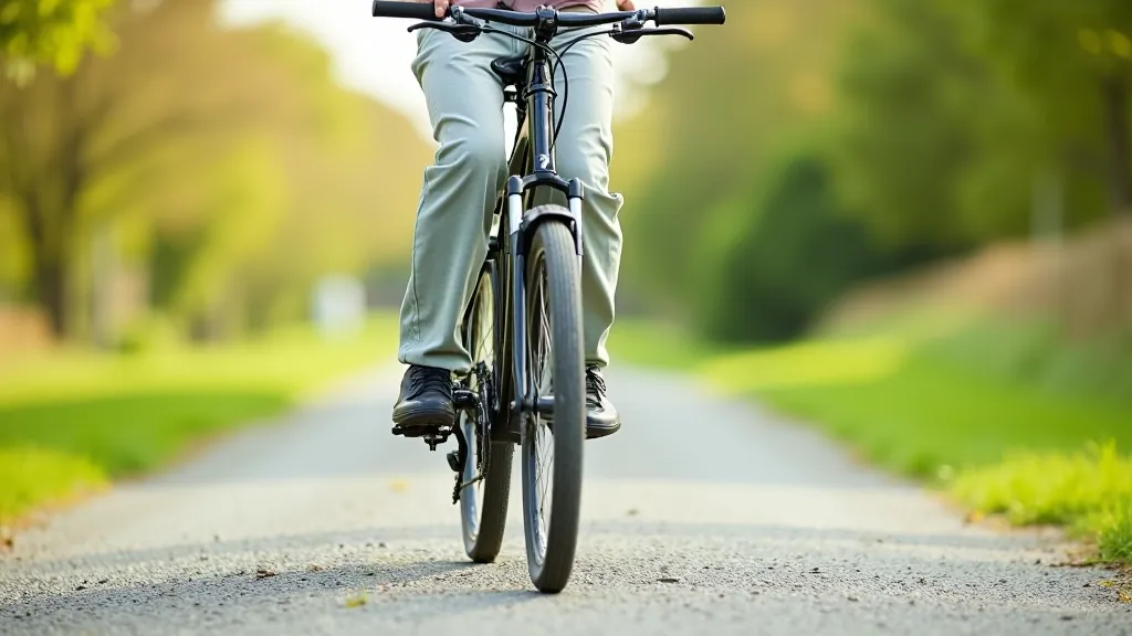 Close-up of hybrid bike frame showing comfortable upright geometry and wide tires on gravel path