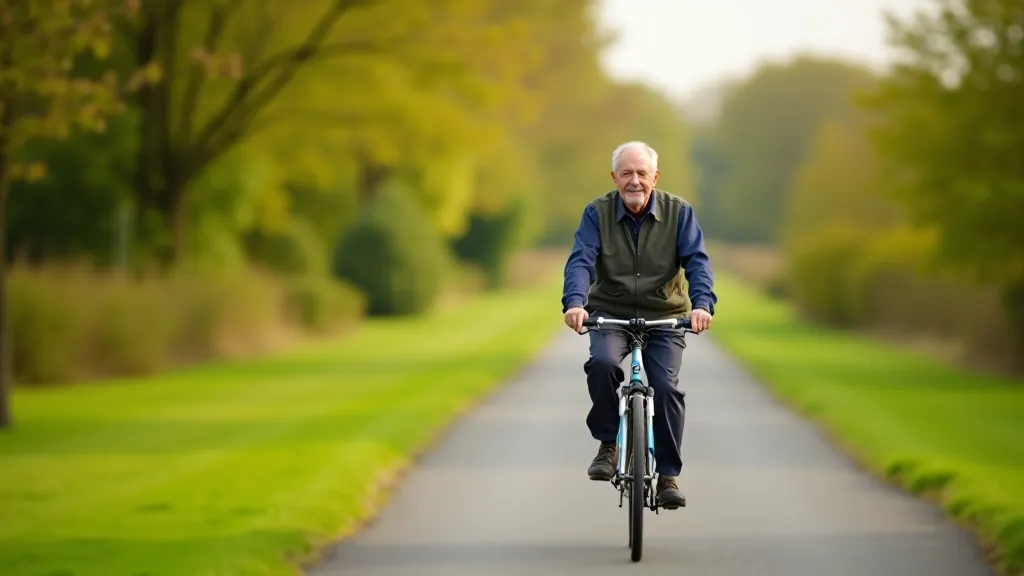 Older adult cyclist on flat greenway path