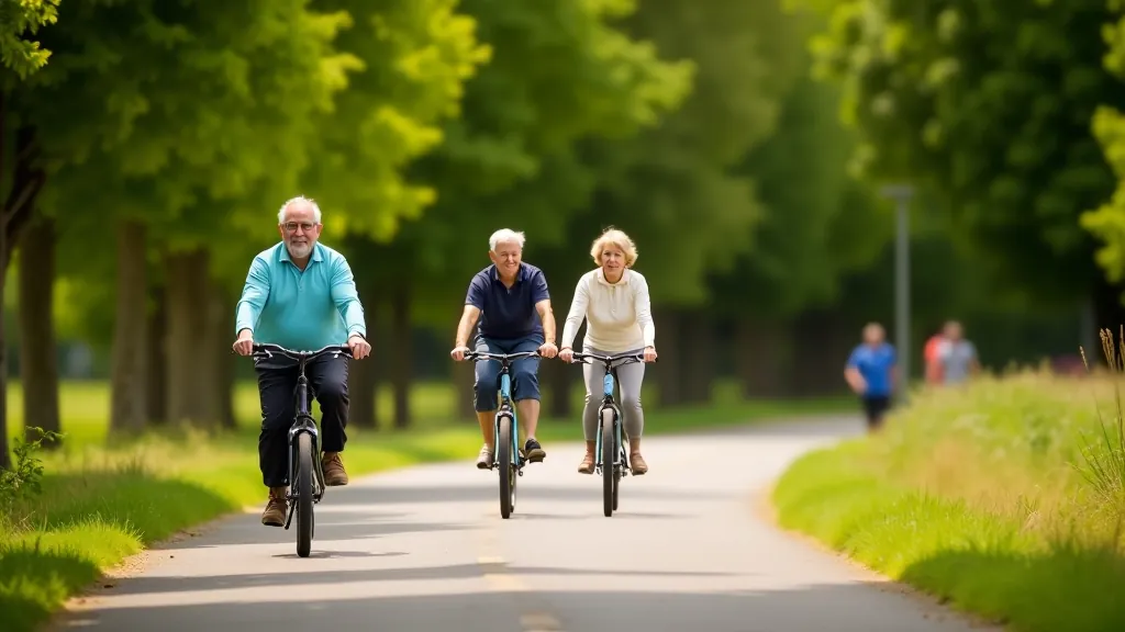Mixed group of path users including cyclists, pedestrians, and joggers on the greenway in pleasant weather