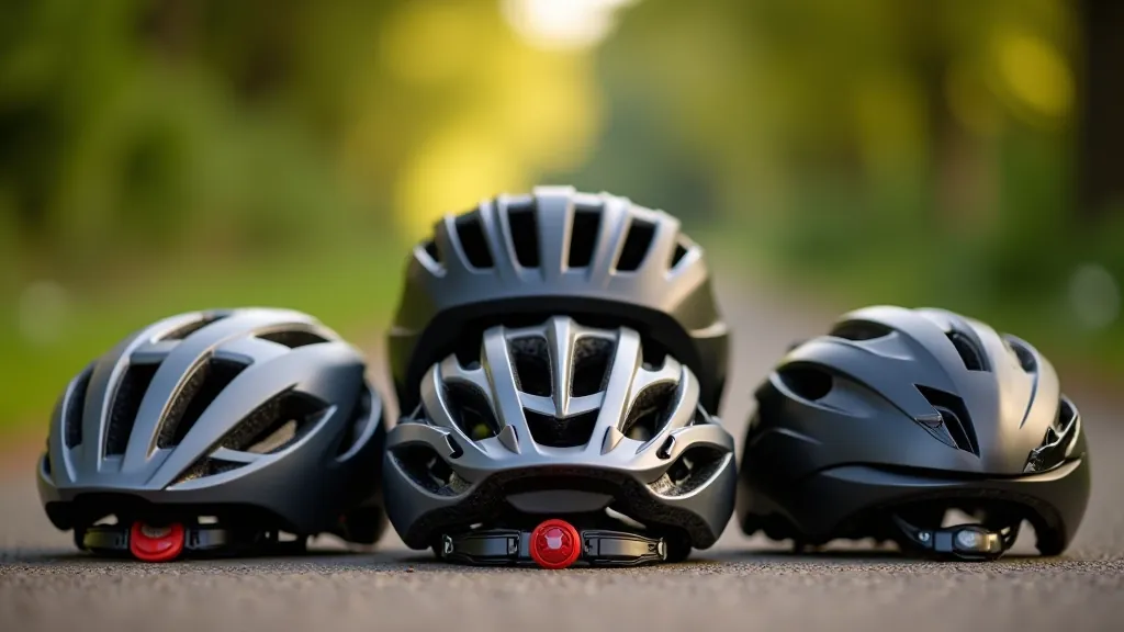 Selection of cycling helmets and protective gear displayed together