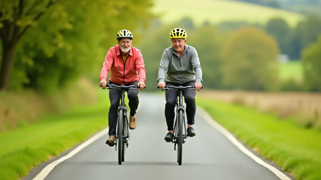 Senior cyclists enjoying the Dungarvan Waterford greenway flat bike path together