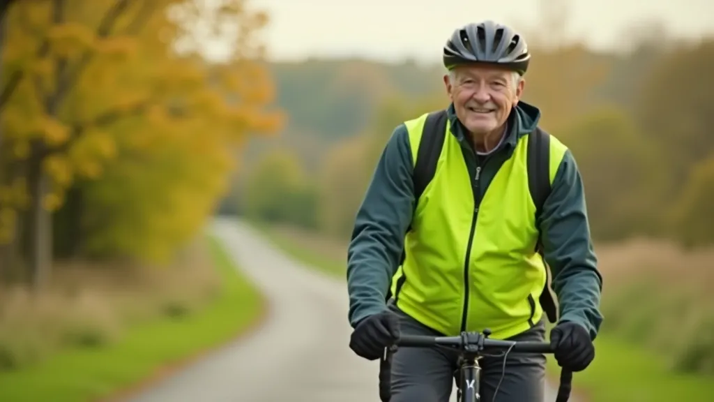 Close-up of cyclist wearing bright yellow safety vest and proper helmet on the greenway path