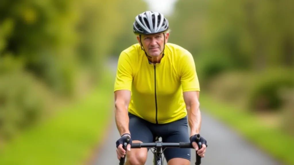 Cyclist stretching legs before morning ride on Greenway, wearing comfortable cycling shorts and jersey
