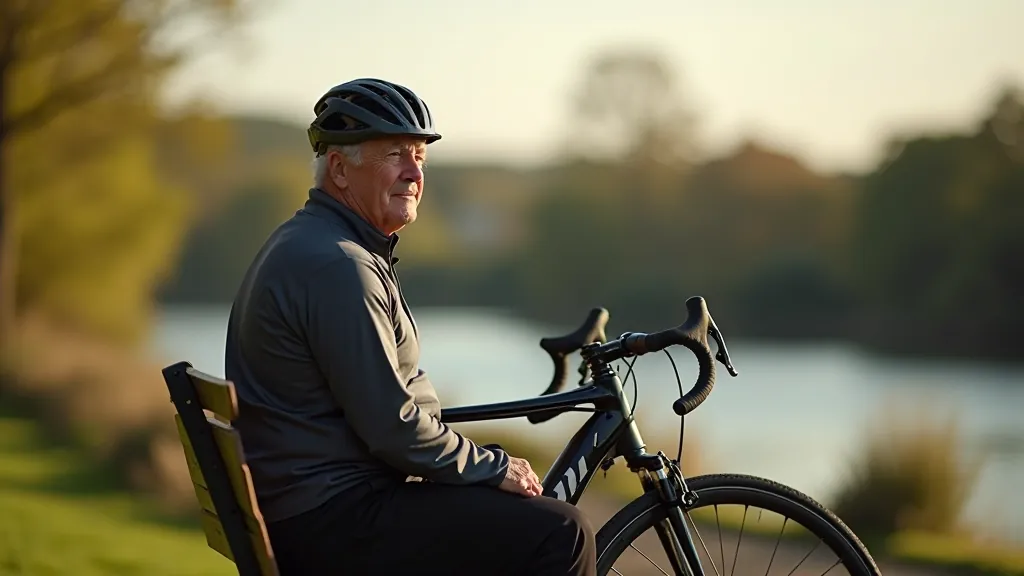 Cyclist resting with bike against scenic viewing point on Greenway, looking out at water and landscape