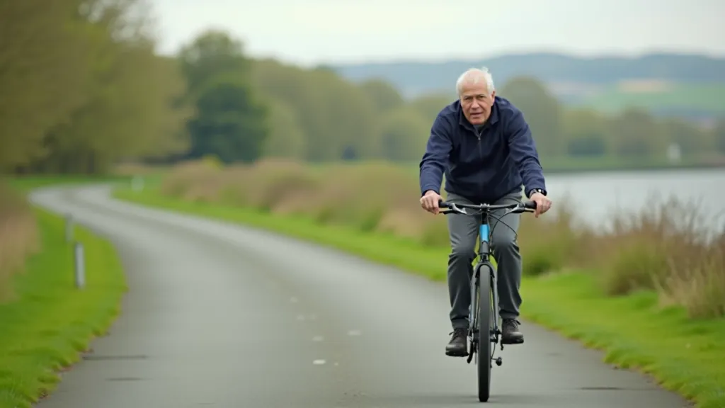 Cyclist riding at comfortable conversational pace on flat Dungarvan Waterford Greenway with trees and water visible
