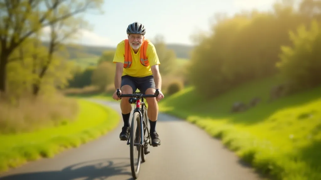 Senior cyclist in safety gear riding on the flat Dungarvan to Waterford greenway path on a bright day