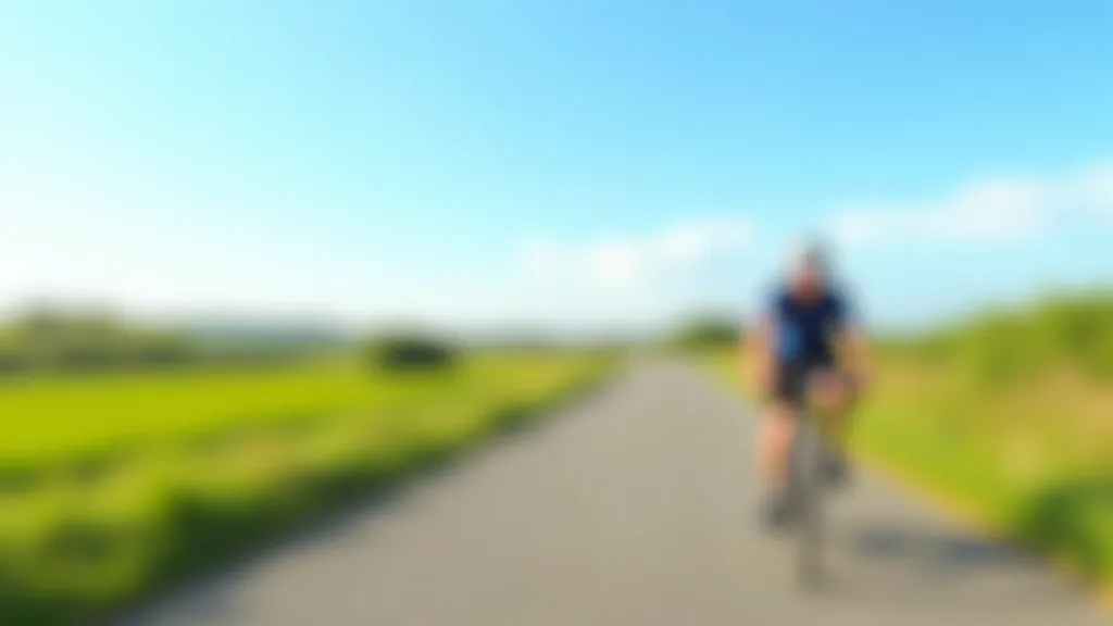 Senior cyclist riding on flat Dungarvan Waterford Greenway with blue sky and green fields in background