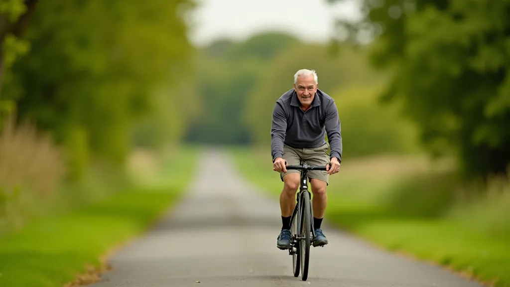 Senior cyclist riding steadily on the greenway showing good form and endurance