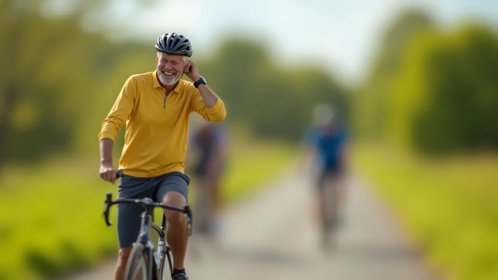 Senior cyclist smiling while taking a break during a long bike ride on a sunny day